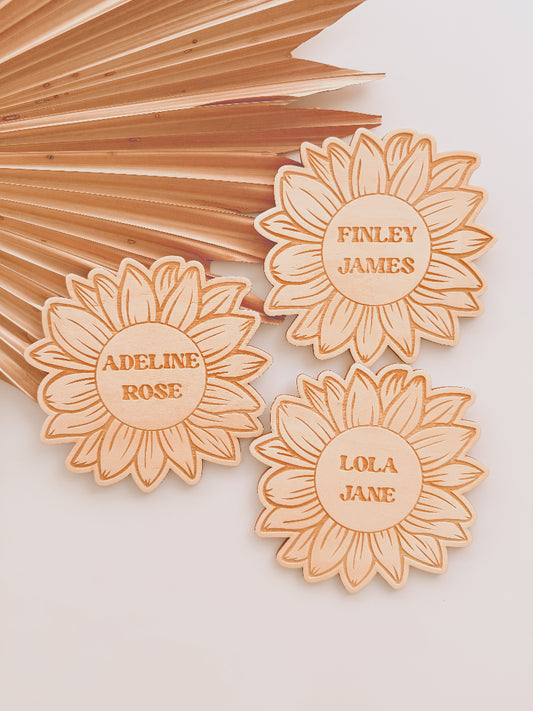 SUNFLOWER NAME BIRTH ANNOUNCEMENT DISC | Personalised | Engraved Plywood