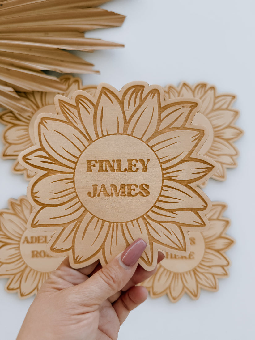 SUNFLOWER NAME BIRTH ANNOUNCEMENT DISC | Personalised | Engraved Plywood